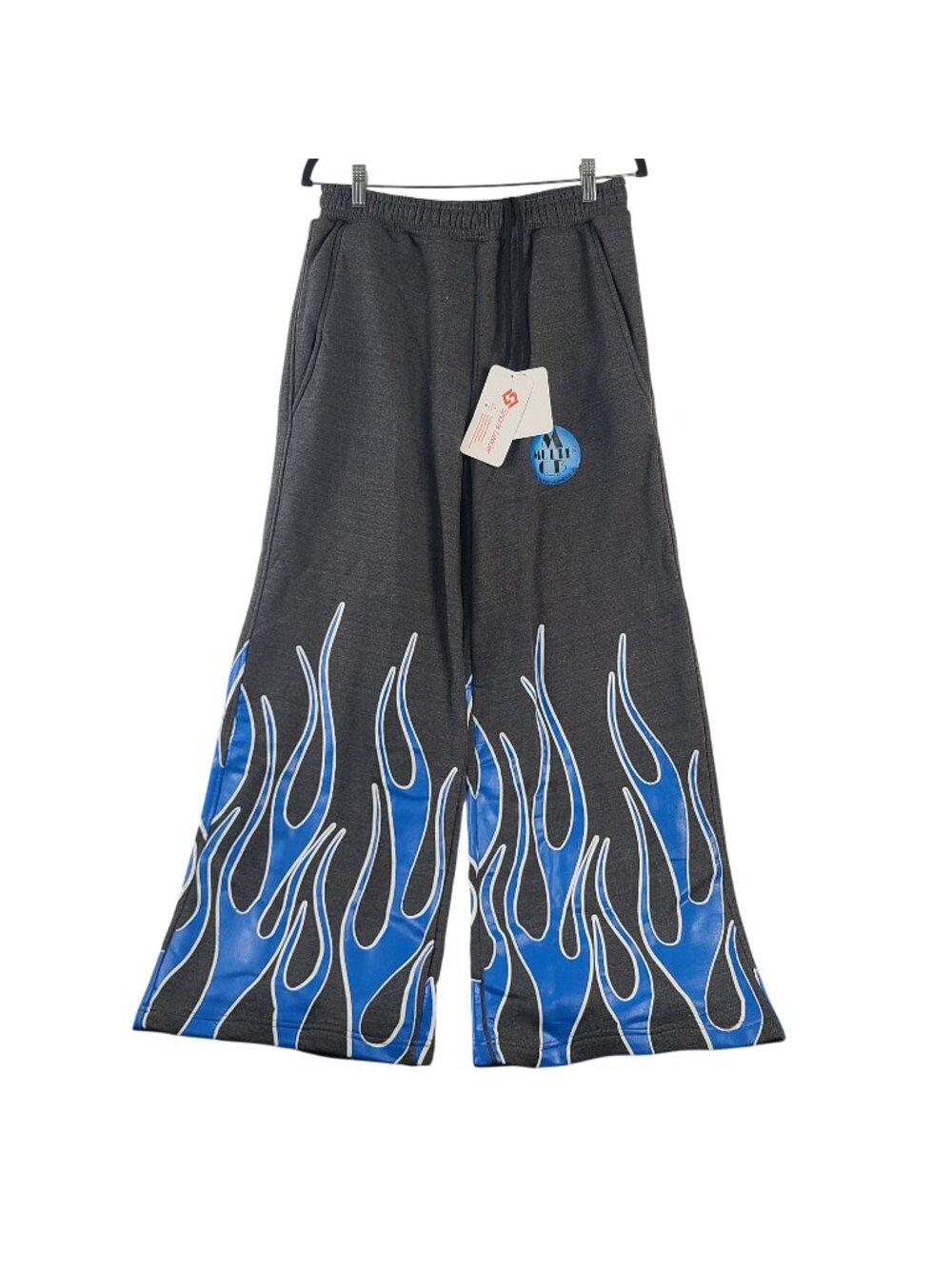 Oversized Fleece Trousers With Blue Flame Print Charcoal Gray Size L